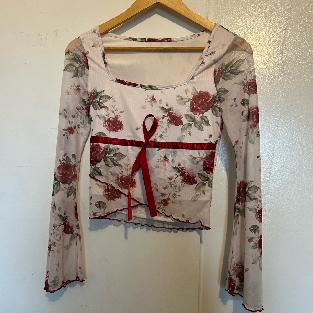 Floral Long Sleeve Top with Red Accents